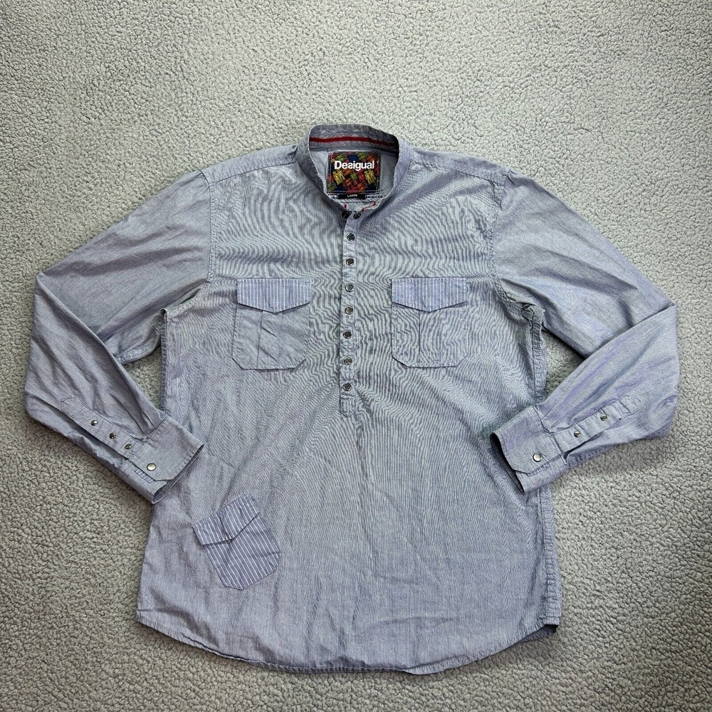 DESIGUAL Shirt Casual Striped Double Pocket Blue‎ Mens Size Large